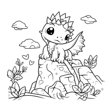 Şirin Dinozor Vektör İllüstrasyonunun Renkli Sayfa Özeti.