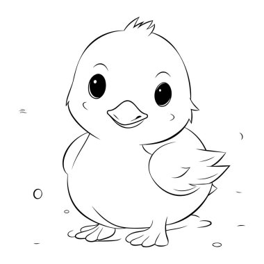 Yerde oturan küçük şirin bir ördek yavrusunun siyah-beyaz çizimi