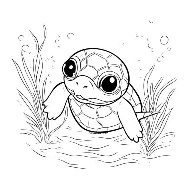 Sudaki şirin küçük kaplumbağa. Çocuklar için boyama kitabı.