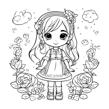 Yetişkin vektör illüstrasyonu için çiçek boyama sayfası olan sevimli küçük kız..
