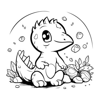 Şirin bir karikatür dinozor. Boyama kitabı için siyah ve beyaz vektör çizimi