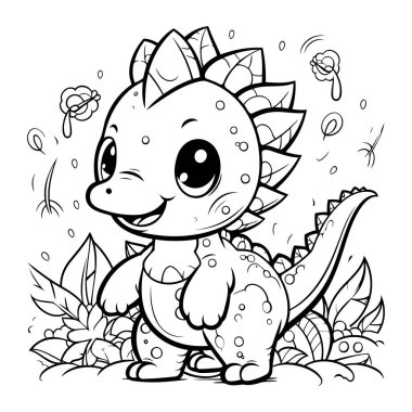 Şirin Dinozor Vektör İllüstrasyonunun Renkli Sayfa Özeti.