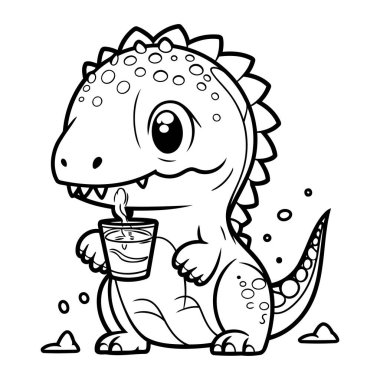 Bir bardak meyve suyuyla sevimli dinozorun boyama sayfası.