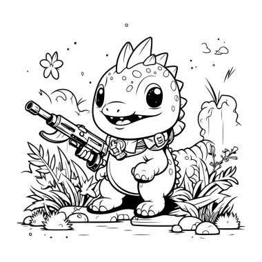 Silahlı bir karikatür dinozoru. Boyama kitabı için Vektör illüstrasyonu.