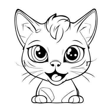 Sevimli çizgi film kedisi. Boyama kitabı için siyah ve beyaz vektör çizimi.