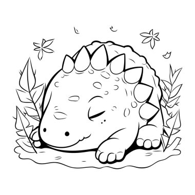 Çiçekli şirin bir karikatür dinozor. Boyama kitabı için Vektör illüstrasyonu.