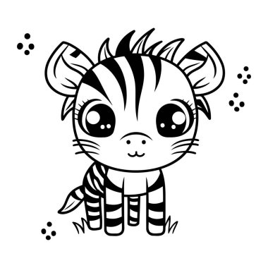 Tatlı çizgi film zebrası. Siyah ve beyaz renkli vektör illüstrasyonu.