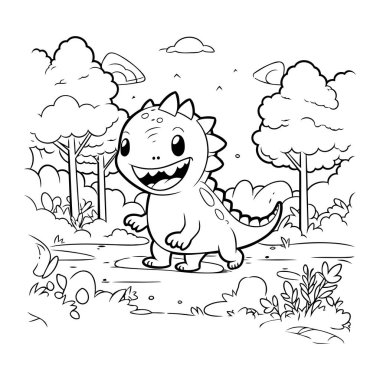 Şirin Dinozor Vektör İllüstrasyonunun Renkli Sayfa Özeti.