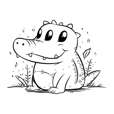 Çimlerin üzerinde oturan sevimli çizgi film timsahı. Vektör illüstrasyonu.