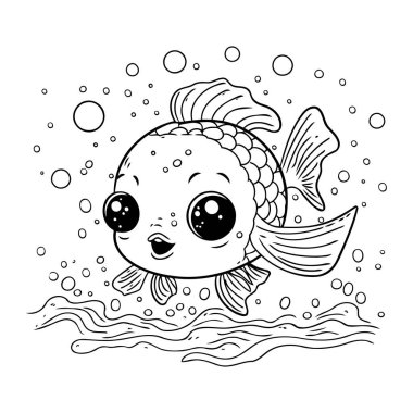 Tatlı çizgi film balığı. Boyama kitabı için siyah ve beyaz vektör çizimi.