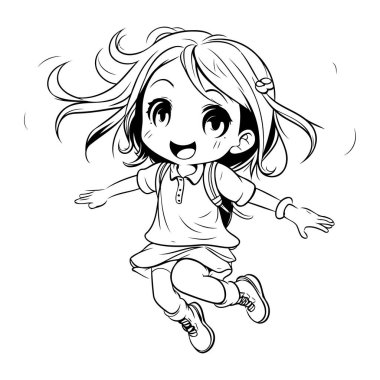 Küçük mutlu bir kızın zıplamasının vektör çizimi. Beyaz arkaplanda izole.