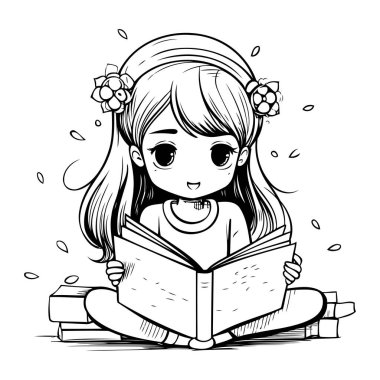 Kitap okuyan sevimli küçük bir kız. El çizimi vektör illüstrasyonu.