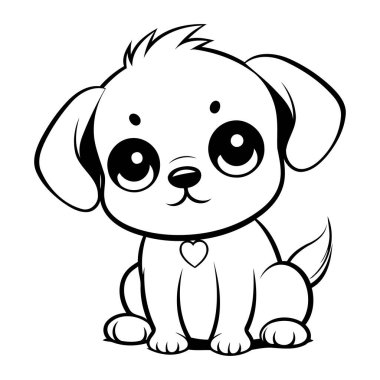 Siyah ve Beyaz Çizgi Film Boyama Kitabı için Şirin Köpek Hayvan Karakterinin Çizimi