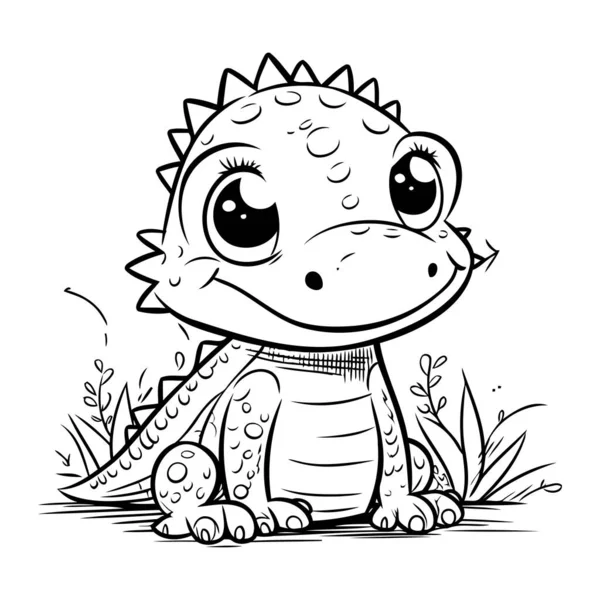 Cute Baby Dinosaur Sitting Grass Coloring Book Children — Stock Vector