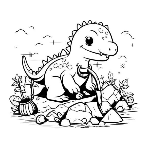 Netter Cartoon Dinosaurier Auf Den Felsen Vektor Illustration Für Malbuch — Stockvektor