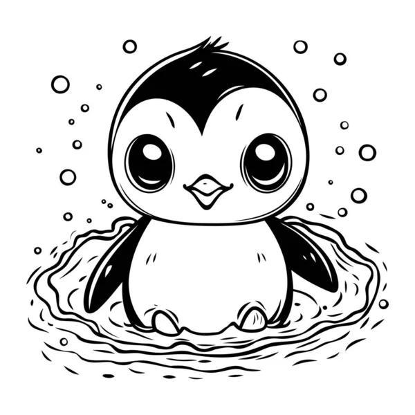 Söt Pingvin Vatten Svart Och Vit Vektor Illustration — Stock vektor