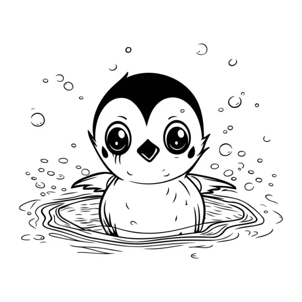 Lindo Pingüino Nadando Agua Ilustración Vectorial Blanco Negro — Vector de stock