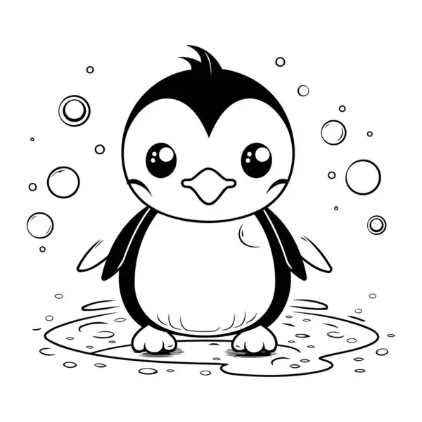 Cute Penguin Puddle Black White Vector Illustration — Stock Vector