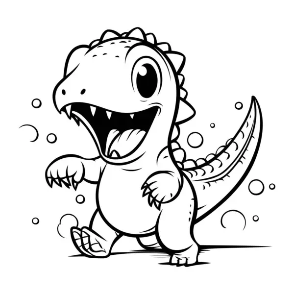 Siyah ve Beyaz Şirin Dinozor Çizgi Film Maskot Karakteri Çizimi