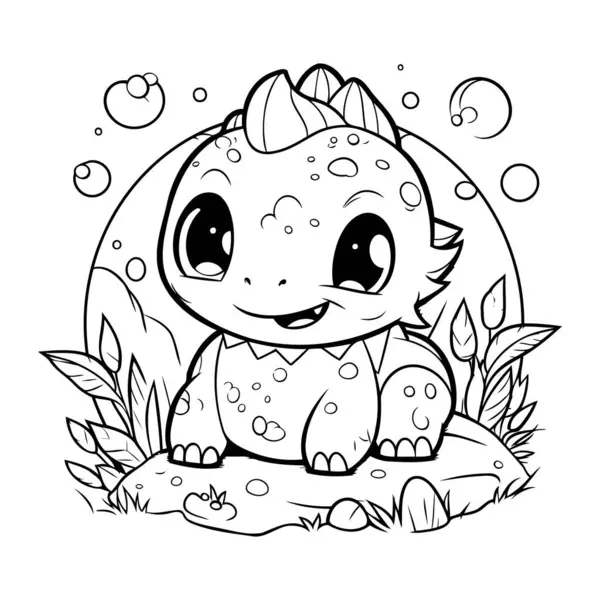 Şirin Dinozor Vektör İllüstrasyonunun Renkli Sayfa Özeti.