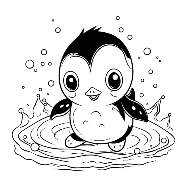 Lindo Pingüino Bebé Nadando Una Piscina Ilustración Vectorial Blanco Negro — Vector de stock
