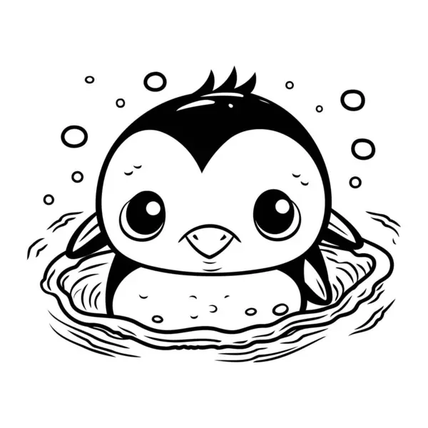 Lindo Pingüino Nadando Agua Ilustración Vectorial Blanco Negro — Vector de stock