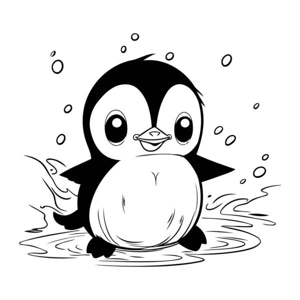 Χαριτωμένος Πιγκουίνος Στη Βροχή Ασπρόμαυρη Διανυσματική Απεικόνιση — Διανυσματικό Αρχείο
