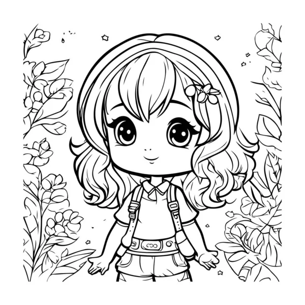 Coloring Page Cute Little Girl Flowers Vector Illustration — Stock Vector
