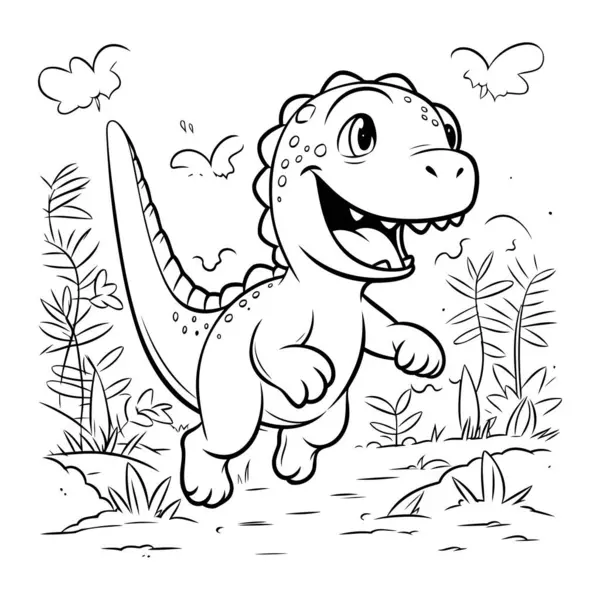 ジャングルで走る恐竜 黒と白の漫画 絵本のためのイラスト — ストックベクタ