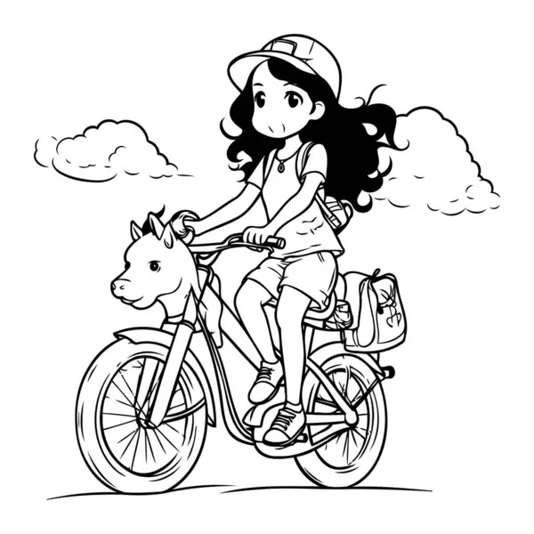 Menina Bonito Andar Bicicleta Com Seu Cão Ilustração Vetorial — Vetor de Stock