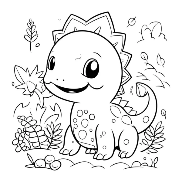 Şirin Dinozor Vektör İllüstrasyonunun Renkli Sayfa Özeti.