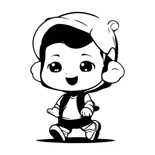 Cute Little Boy Running Black White Cartoon Illustration Inglês Vetor Vetores De Bancos De Imagens