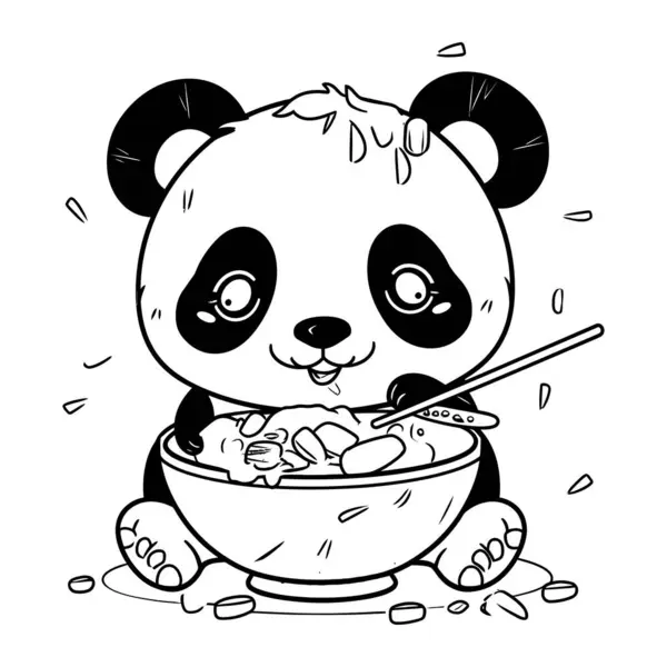 Cute Panda Eating Soup Black White Vector Illustration Vector Graphics