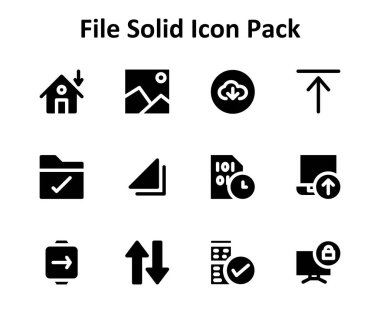 Doldurulmuş stilde 12 simge içeren bu set, modern arayüz kullanımı için Dosyanın temel ögelerini kapsar.