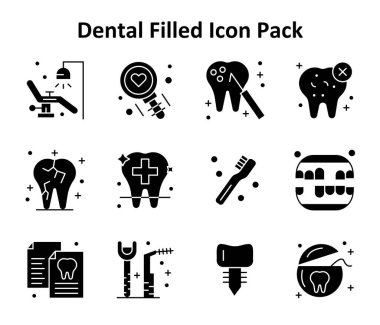 Diş temasına dayanan 12 ölçeklenebilir Solid Doldurulmuş biçim simgesi. Temiz ve profesyonel tasarım için mükemmel..