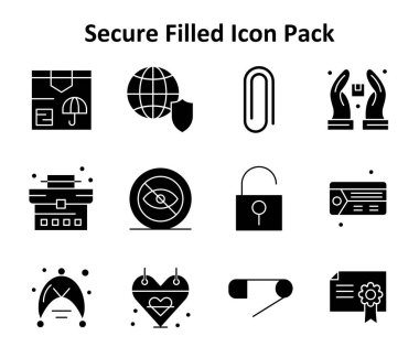 Güvenli temaya dayalı Solid Doldurulmuş biçimdeki 12 simgenin koleksiyonu. Dijital ve yaratıcı kullanım için ideal.