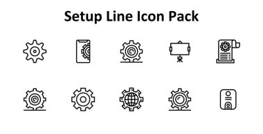 Kurulum temasına dayalı 10 simge İnce Satır biçiminde koleksiyon. Dijital ve yaratıcı kullanım için ideal.