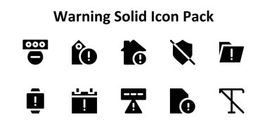 Uyarı etrafında 10 simge içeren modern simge paketi, Solid Fill biçiminde oluşturuldu. Arayüzler ve dijital ürünler için tasarlandı.