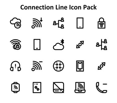 Ana hatlar biçiminde 20 simgenin vektör illüstrasyon kümesi, Bağlantı konusuna odaklanmış.