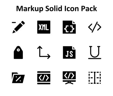 Doldurulmuş biçimdeki 12 simgenin vektör illüstrasyon kümesi, Markup konusuna odaklanmış.