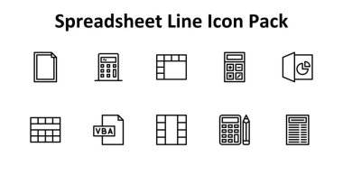 İnce Satır biçiminde 10 simge içeren bu set, modern arayüz kullanımı için hesap tablosunun temel elemanlarını kapsar.