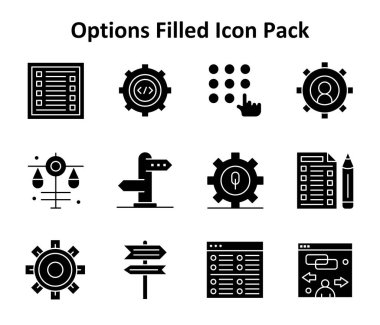 Seçenekler etrafında 12 Solid Doldurulmuş simge paketi. Web siteleri, uygulamalar ve dijital projeler için uygundur.