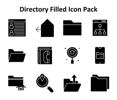 Dizin teması için Solid Dolu stilde 12 profesyonel vektör simgesi oluşturuldu. Çok yönlü ve ölçeklenebilir.