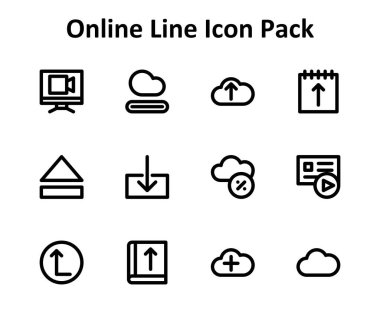 Çevrimiçi temaya dayalı 12 ölçeklenebilir Outline tarzı simge. Temiz ve profesyonel tasarım için mükemmel..