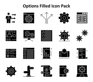 Bu paket, Seçenekler teması etrafında inşa edilmiş, Solid Dolu stil 20 temiz vektör simgesini içerir.