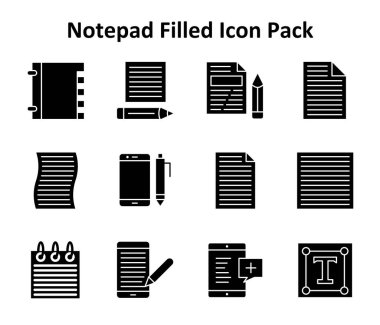 Notepad etrafında 12 simge temalı modern simge paketi, Solid Dolu biçiminde oluşturuldu. Arayüzler ve dijital ürünler için tasarlandı.