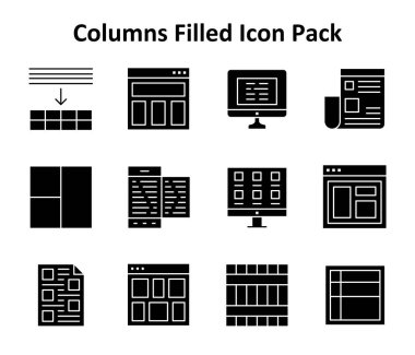 Sütunlara odaklı 12 Solid Doldurulmuş simge koleksiyonu. Yaratıcı, teknolojik veya iş projeleri için ideal.