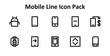 Kalın Dış Hatlar tarzında 10 simgenin vektör illüstrasyonu, Mobil konu üzerine odaklanmış.