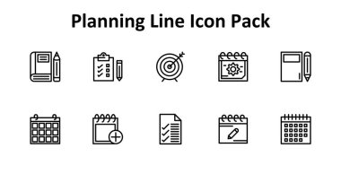 Planlama çevresinde 10 adet İnce Çizgi tarzı simge. Web siteleri, uygulamalar ve dijital projeler için uygundur.