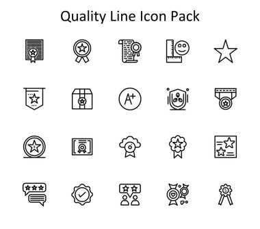 Temiz çizgi şeklinde tasarlanmış 20 vektör simgesi kümesi. Kaliteden ilham alınmıştır, UI / UX tasarımı için mükemmeldir.